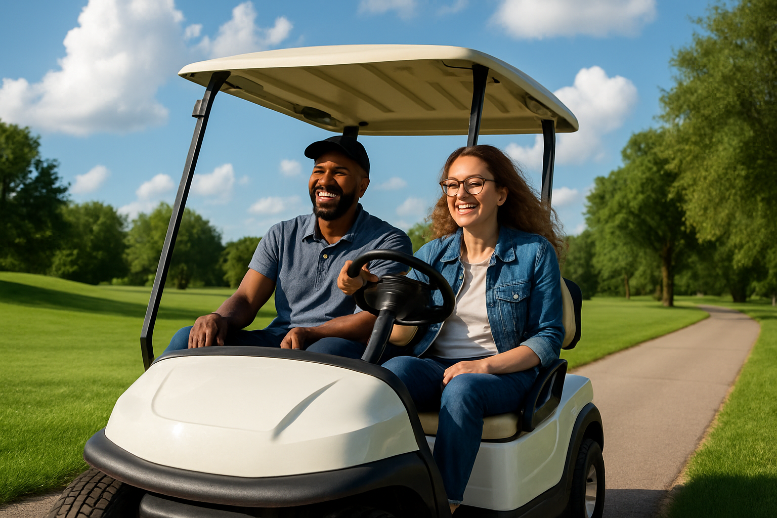 2 people happy riding in a golf cart